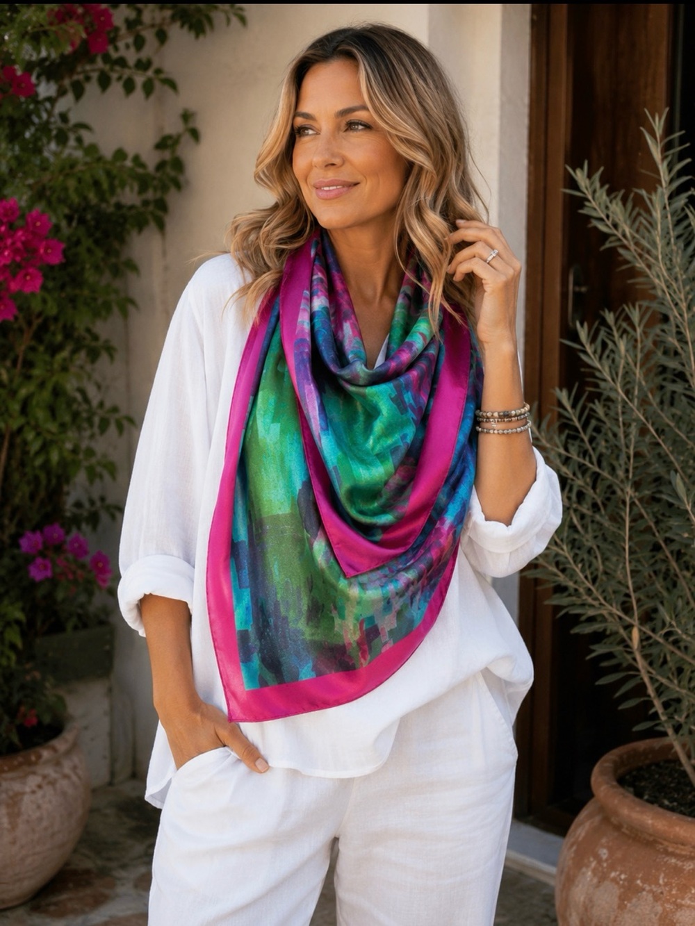 Cocoon House gorgeous silk scarf greens , purples , blues